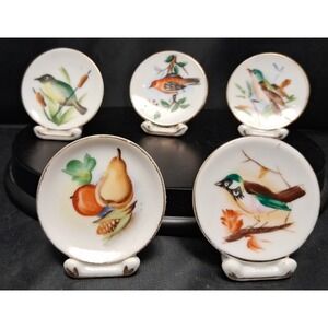 Set of 5 Vintage Hand-Painted Miniature Bird & Fruit Decorative Plates 2"plates